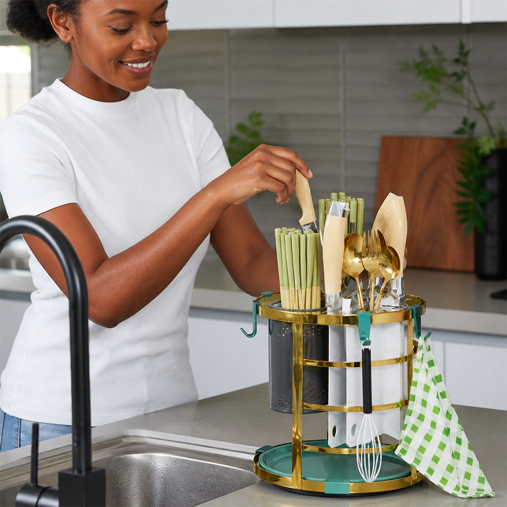 Round Cutlery and Knife Holder with Drain Tray - Gold & Green