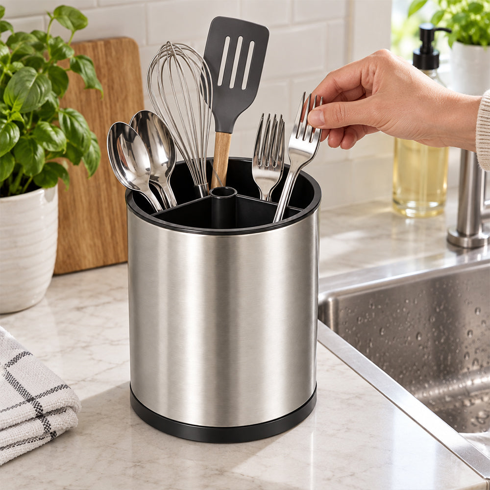 360° Rotating Cutlery & Utensil Holder with Drainage - 16cm