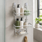 2-Tier Aluminium Hanging Shower Rack with Hooks & Suction Support