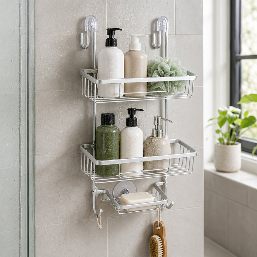 2-Tier Aluminium Hanging Shower Rack with Hooks & Suction Support