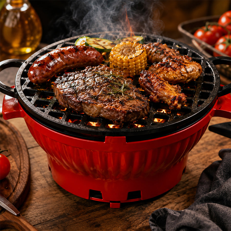 26cm Cast Iron Enamel Charcoal Grill Furnace with Grate - Red