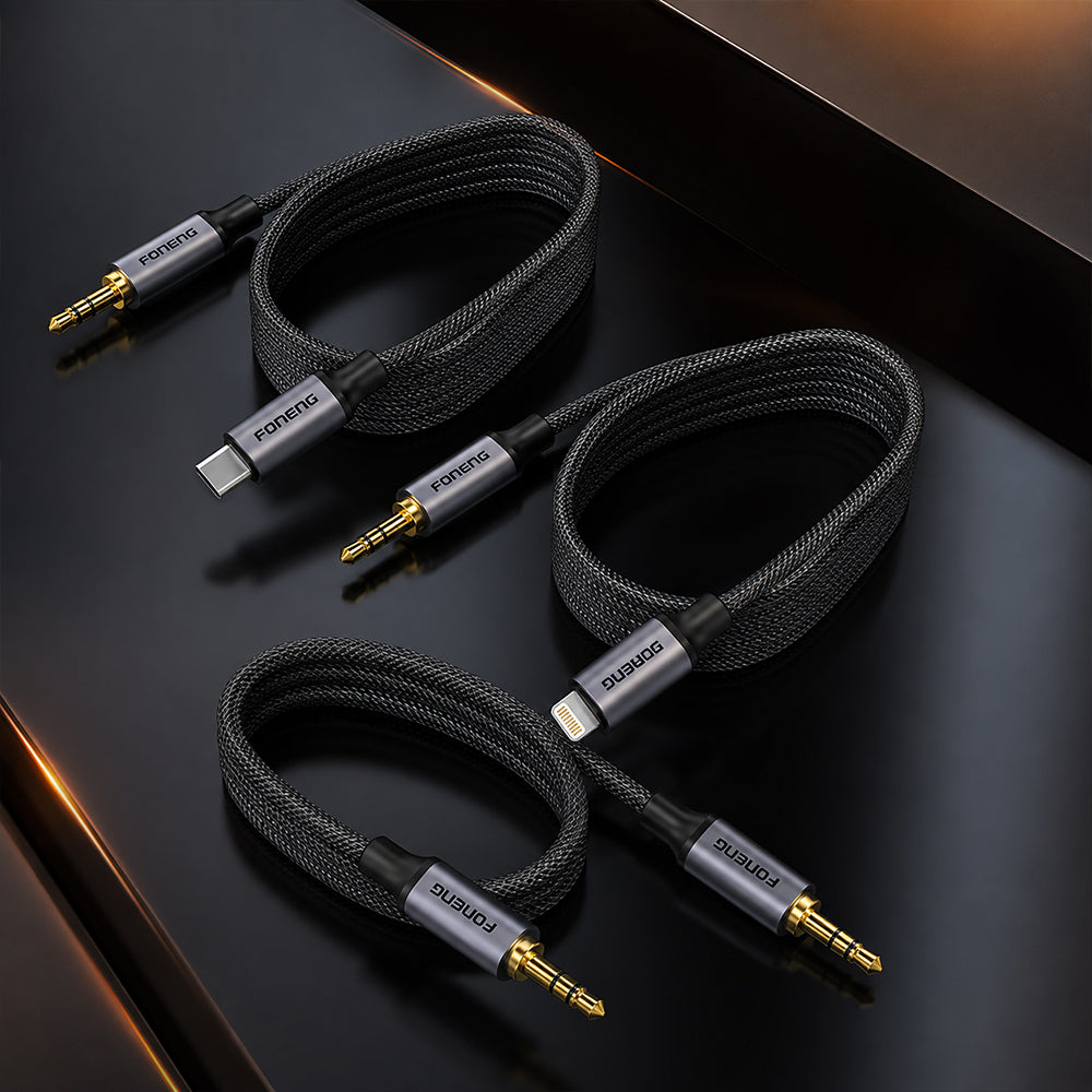 FONENG Metal AUX Audio Cable – 3.5mm / Type-C / Lightning