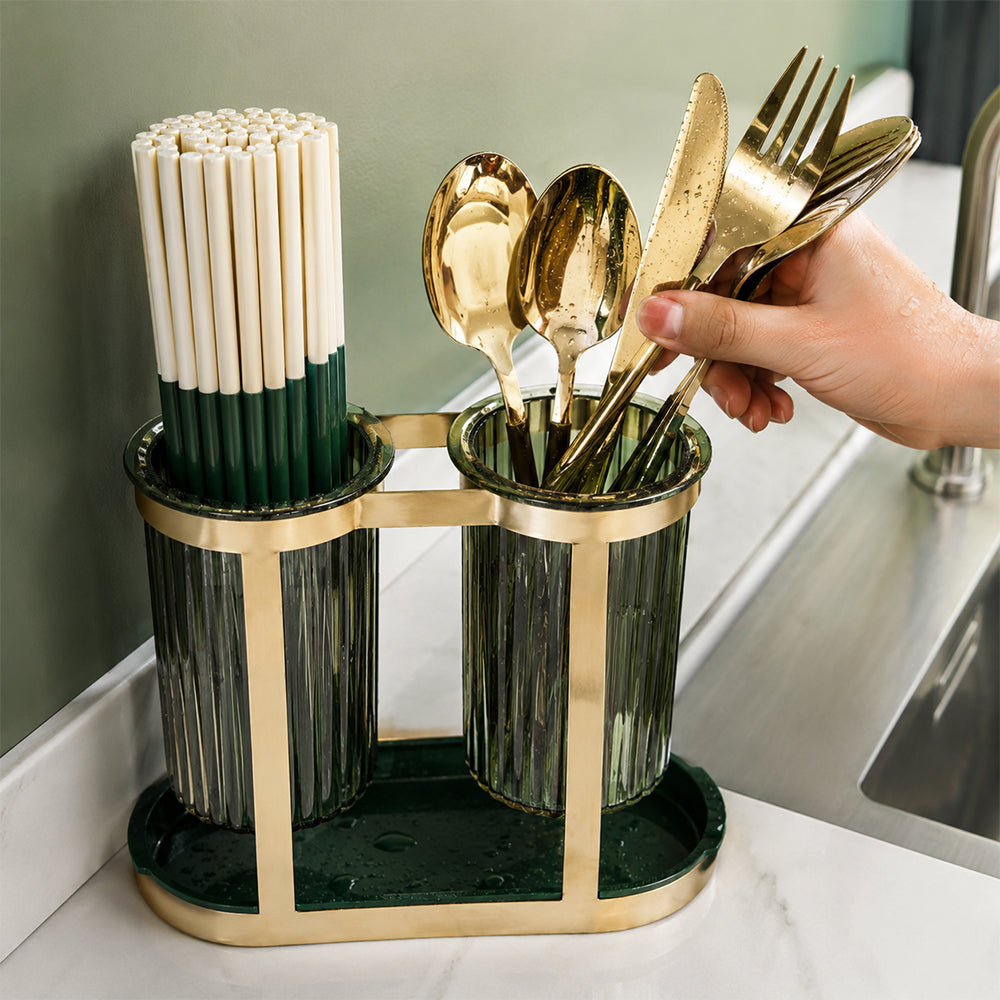 Twin Cup Cutlery and Utensil Holder with Drip Tray - Gold & Green
