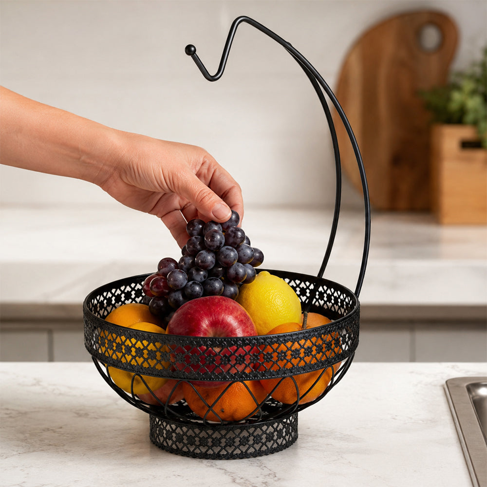 Decorative Countertop Fruit Basket with Banana Hanger - Black