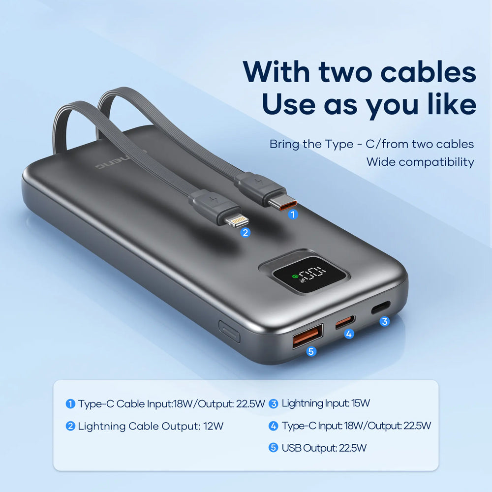 FONENG 20000mAh 22.5W Fast Charging Power Bank with 2 Built-In Cables