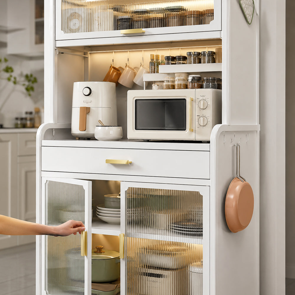 5 Layers Kitchen Pantry Cabinet with Microwave Shelf, Drawer & Fluted Doors - 70cm