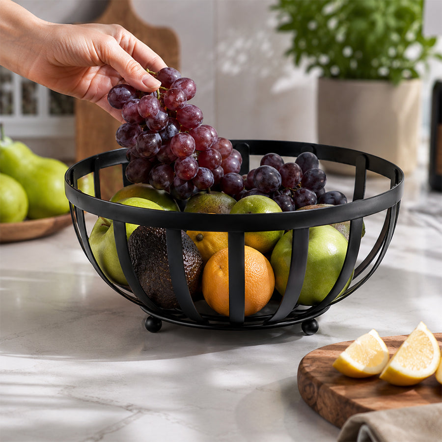 Round Metal Fruit Basket Bowl with Raised Feet - Black
