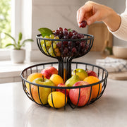 2-Tier Round Fruit Basket Stand – Black Metal Countertop Fruit Bowl