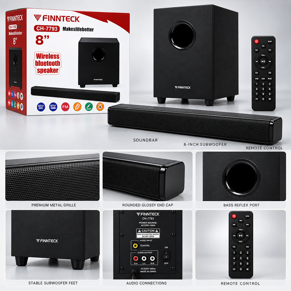 Finnteck Wireless Bluetooth Soundbar with Subwoofer