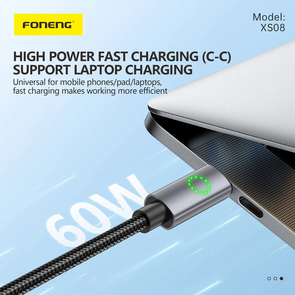 FONENG 1.2m Metal Head Green Light Braided Charging Cable