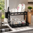 Large 2-Tier Dish Drying Rack with Drain Board & Utensil Holder - Black