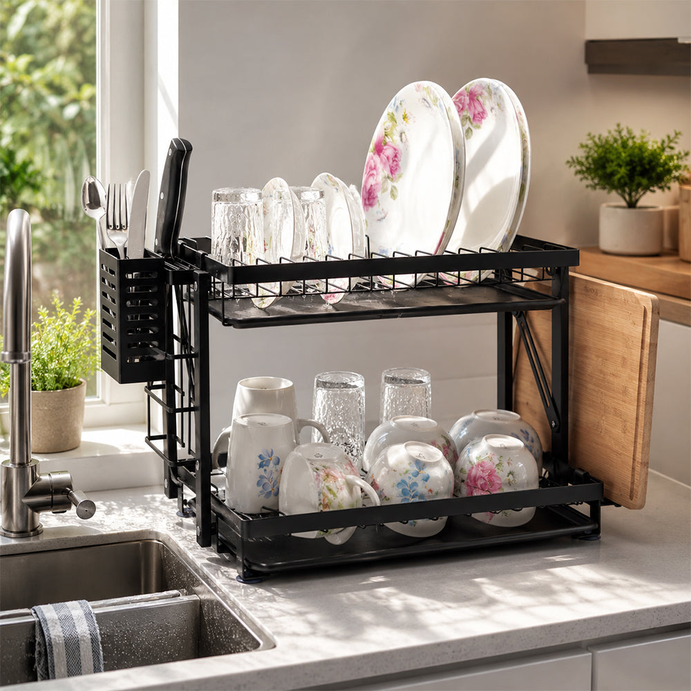 Large 2-Tier Dish Drying Rack with Drain Board & Utensil Holder - Black