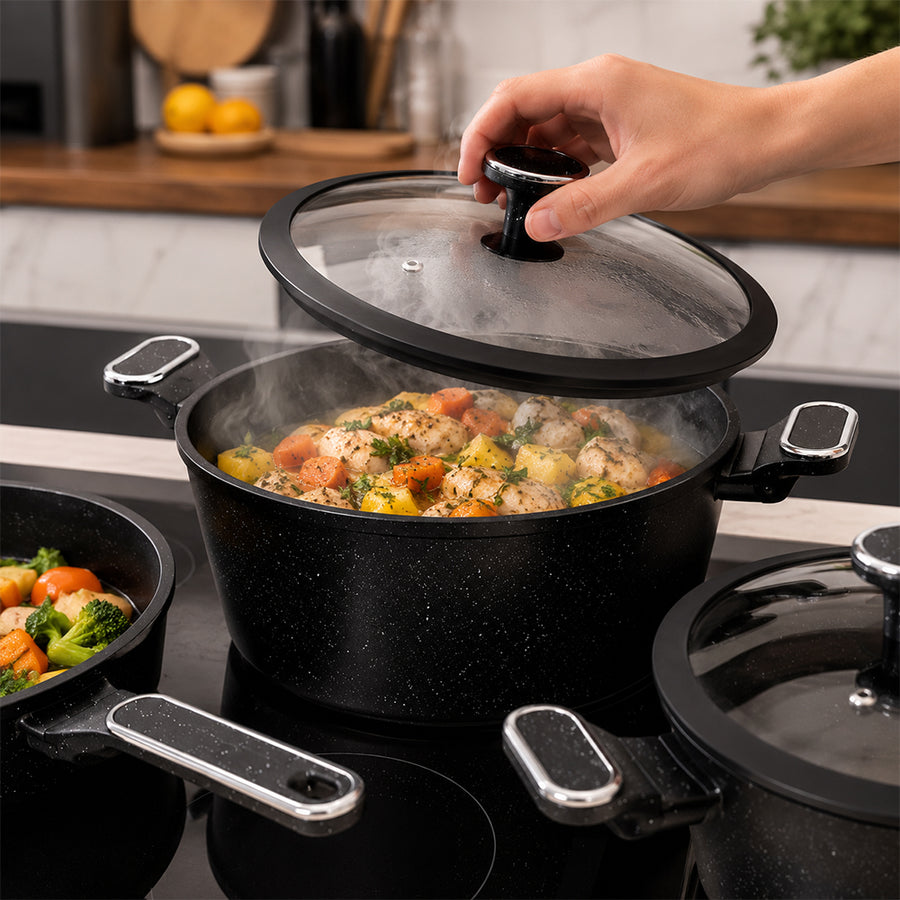 10 Pieces Premium Speckled Non-Stick Cookware Set with Glass Lids - Black