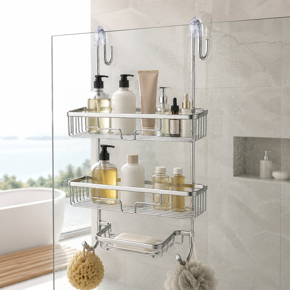 2-Tier Aluminium Hanging Shower Shelf with Soap Tray & Hooks - Silver
