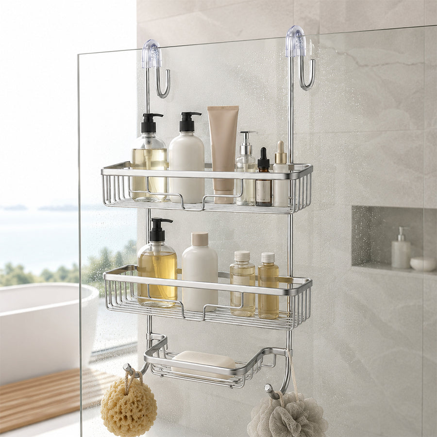 2-Tier Aluminium Hanging Shower Shelf with Soap Tray & Hooks - Silver