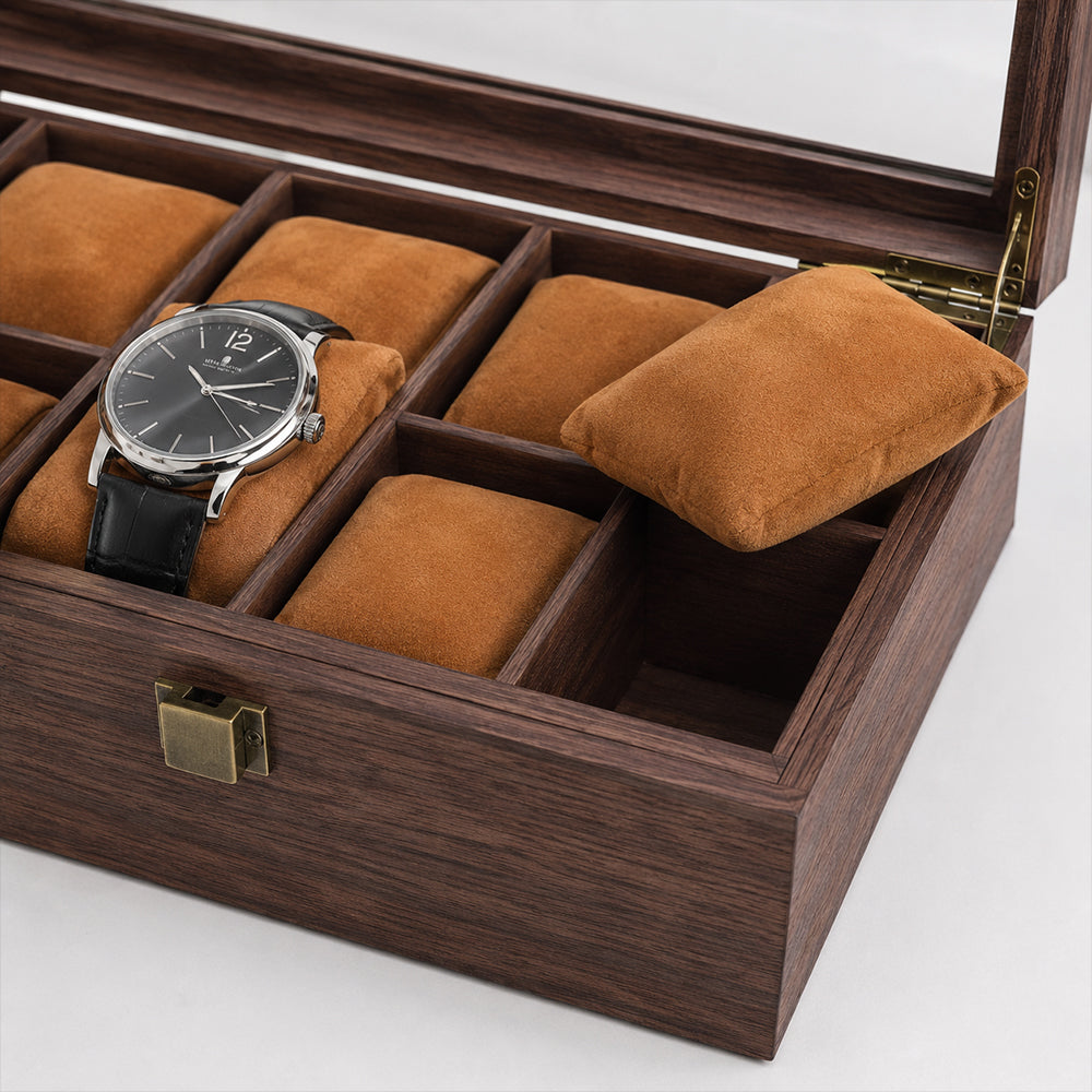 10-Slot Wooden Watch Storage Box with Glass Display Lid