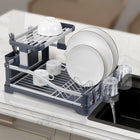 Aluminium 2-Tier Fold Flat Dish Drying Rack with Utensil Holder - Silver & Grey