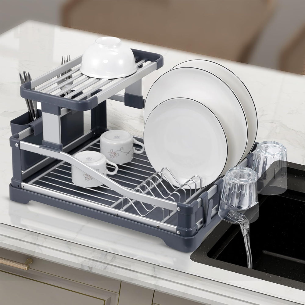 Aluminium 2-Tier Fold Flat Dish Drying Rack with Utensil Holder - Silver & Grey