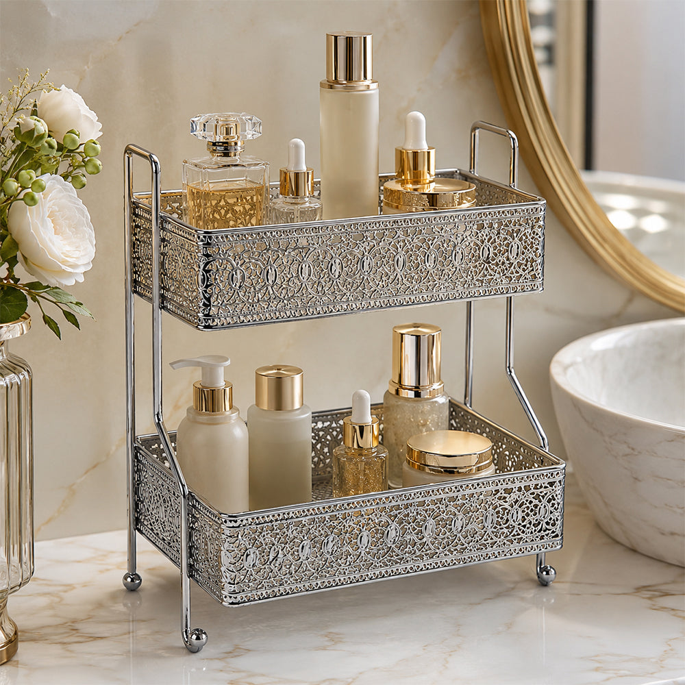 2-Tier Decorative Iron Storage Rack for Bathroom, Kitchen & Vanity - Silver