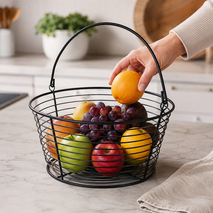 Metal Wire Fruit Basket with Carry Handle - Black