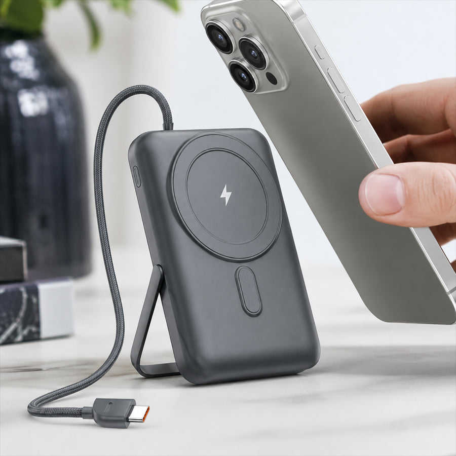 FONENG 10000mAh 22.5W Magnetic Wireless Power Bank with Built-In Cable & Stand