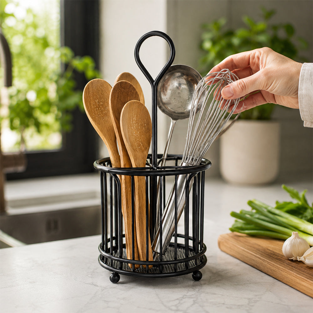 Black Steel Kitchen Utensil Holder with Drain Base for Cooking Tools