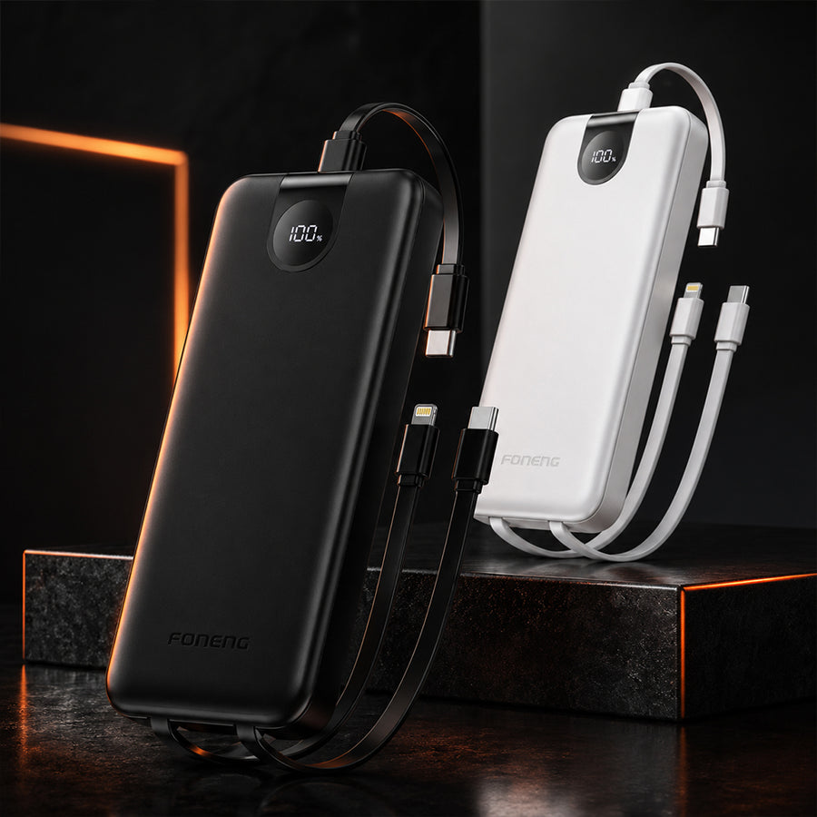 FONENG 10000mAh 22.5W Fast Charging Power Bank with 3 Built-In Cables