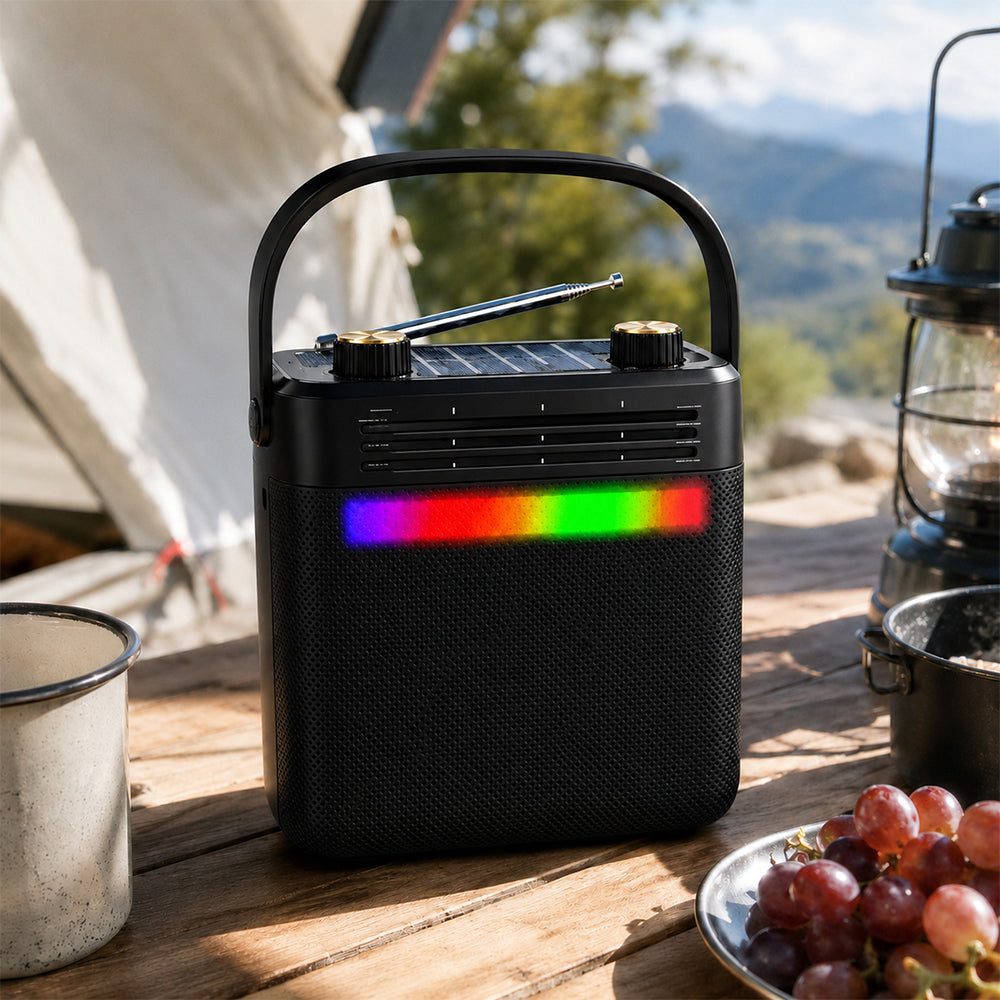 Solar Rechargeable Radio Bluetooth Speaker with Disco Light