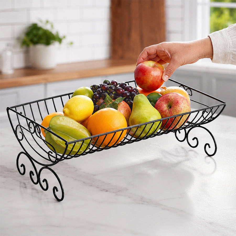 Decorative Rectangular Metal Fruit Basket with Scroll Feet - Black