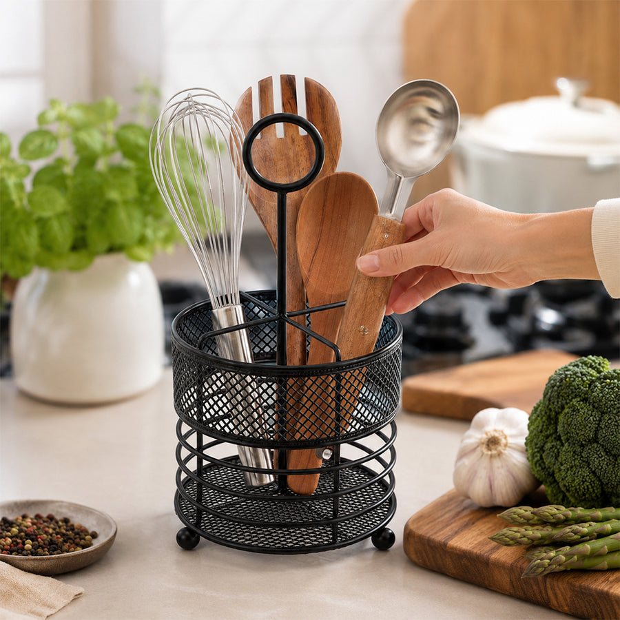 Steel Kitchen Utensil Holder with Mesh Drain Base for Cooking Tools - Black