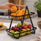 2-Tier Countertop Fruit Basket with Wooden Handle – Black Metal Kitchen Storage Rack
