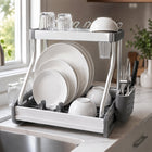 Aluminium 2-Tier Dish Drying Rack with Cup & Cutlery Holders