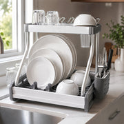 Aluminium 2-Tier Dish Drying Rack with Cup & Cutlery Holders