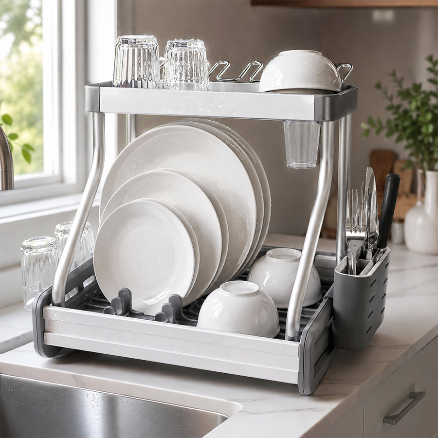 Aluminium 2-Tier Dish Drying Rack with Cup & Cutlery Holders