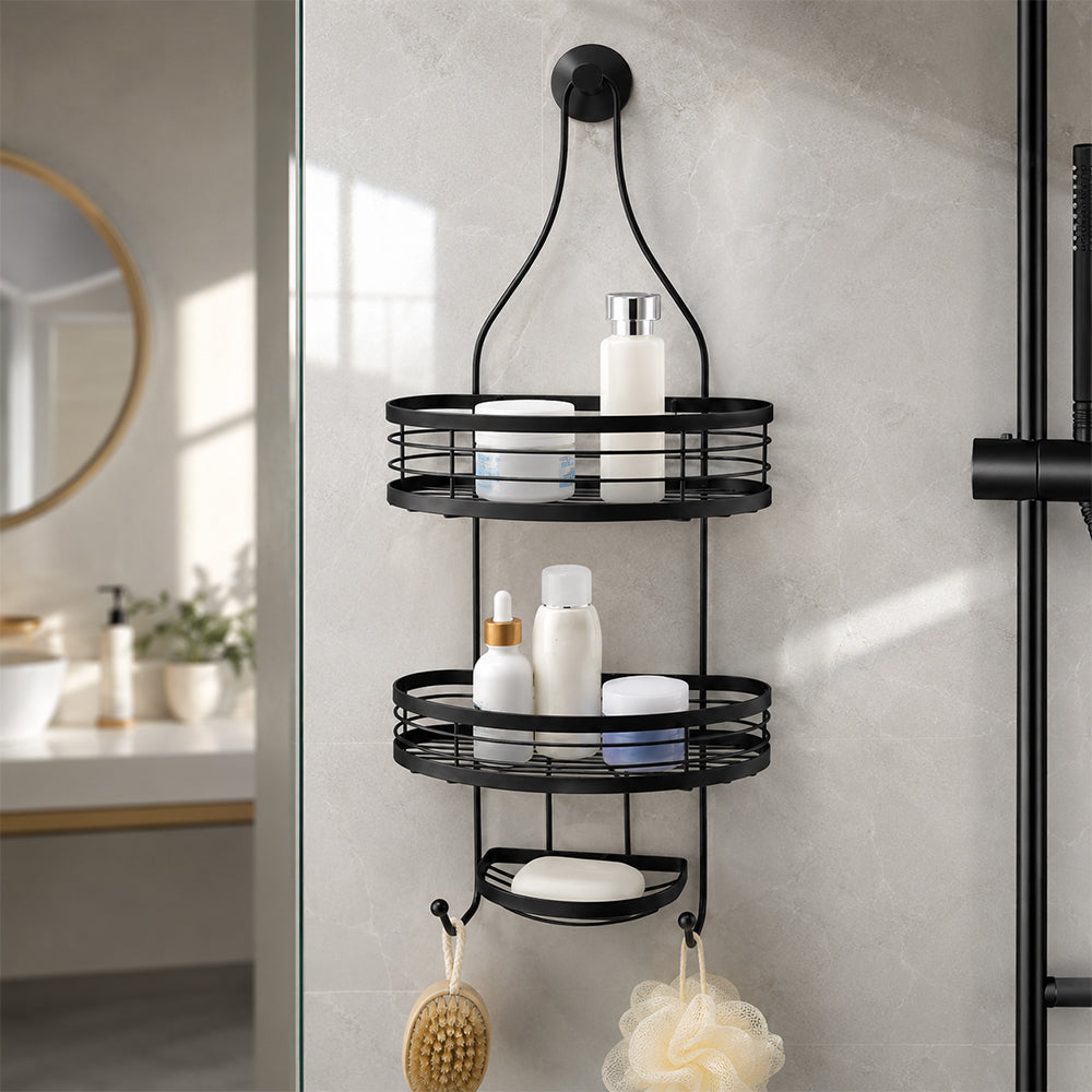 Hanging Iron Bathroom Storage Rack 2-Tier with Soap Holder - Black