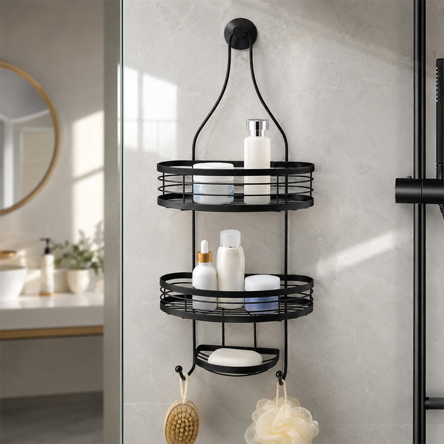 Hanging Iron Bathroom Storage Rack 2-Tier with Soap Holder - Black