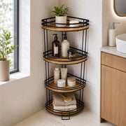 Bamboo & Metal 4-Tier Corner Shelf Organizer - Black & Natural