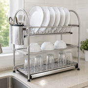 3-Tier Stainless Steel Dish Drying Rack Kitchen Storage Stand - Silver