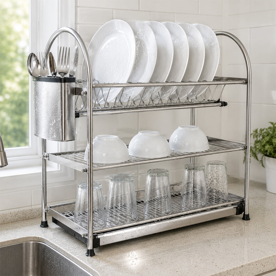 3-Tier Stainless Steel Dish Drying Rack Kitchen Storage Stand - Silver