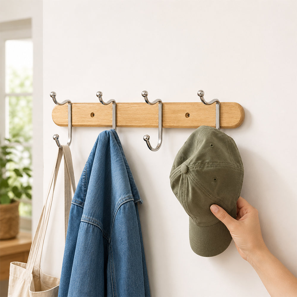 Wood & Chrome 4-Hook Wall Coat Rack for Keys, Bags & Towels