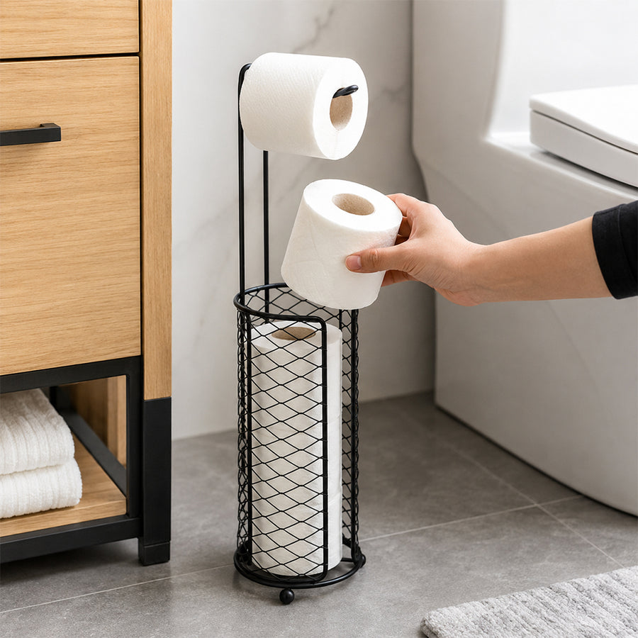 Freestanding Toilet Paper Holder with Storage Basket - Black