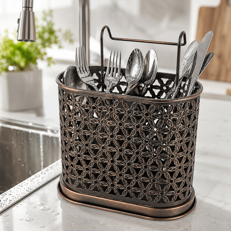 Decorative Steel Cutlery Holder with Handle - Bronze Kitchen Utensil Organizer