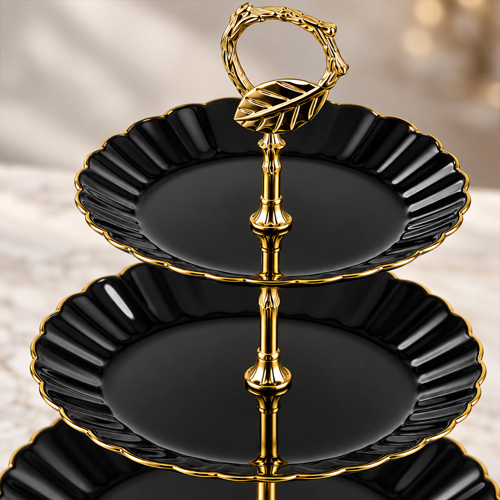 3-Tier Opal Glass Dessert Serving Stand with Gold Rim - Black, 10 Inch