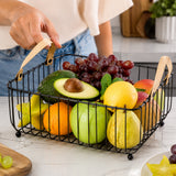 Rectangular Metal Fruit Basket with Wooden Handles - Black
