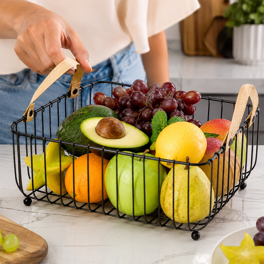 Rectangular Metal Fruit Basket with Wooden Handles - Black