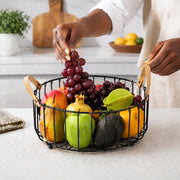Round Metal Fruit Basket with Wooden Handles - Black