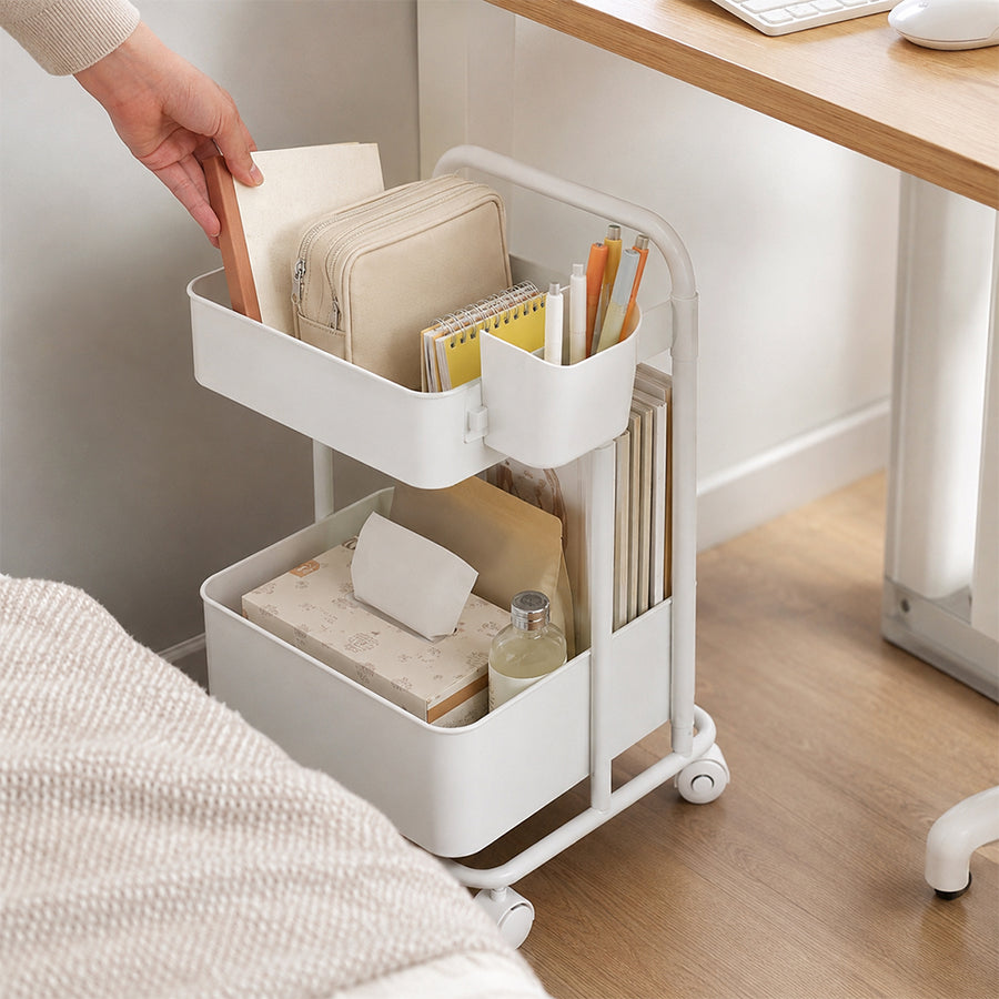 2-Tier Rolling Storage Trolley with Side Holder - White