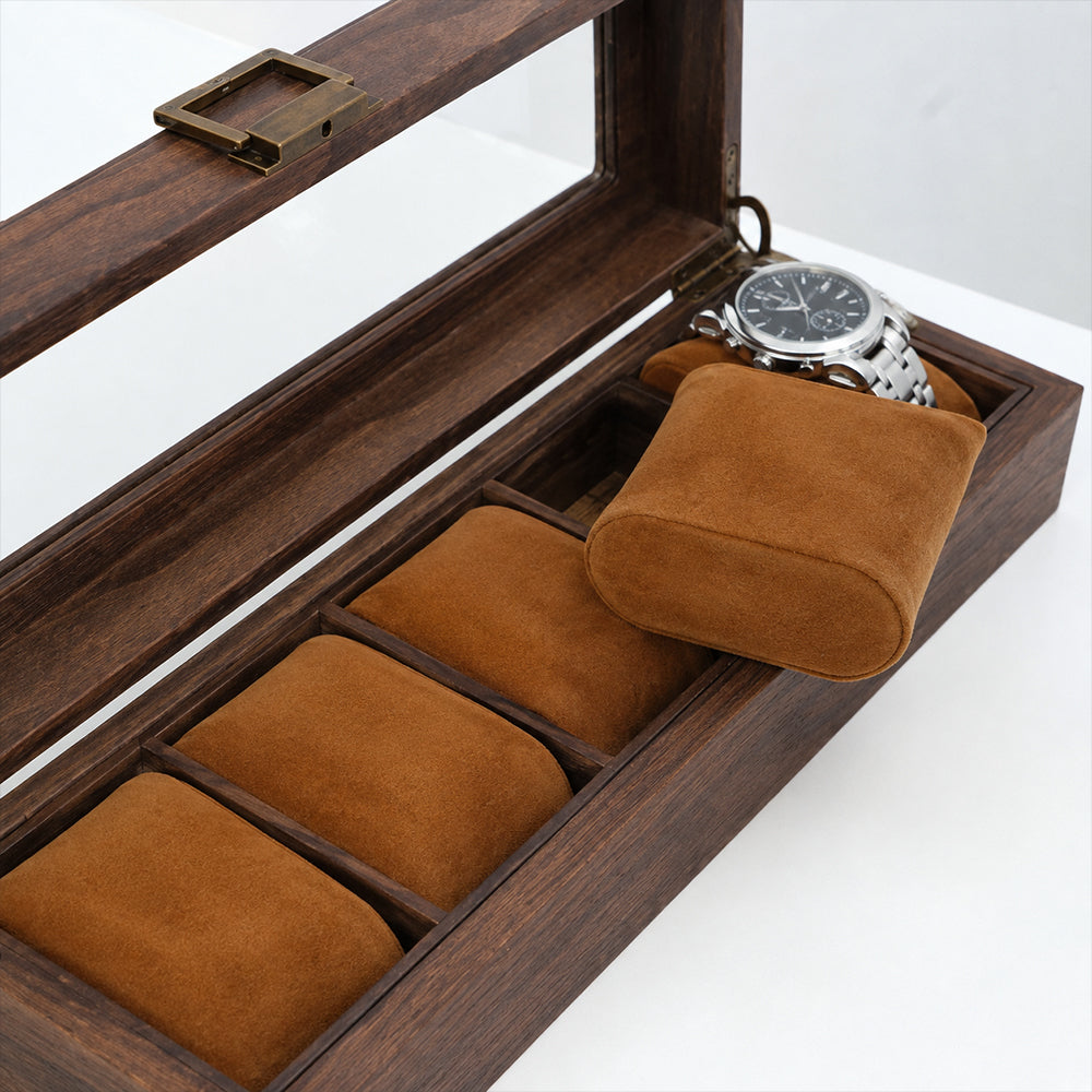 6-Slot Wooden Watch Storage Box with Glass Display Lid