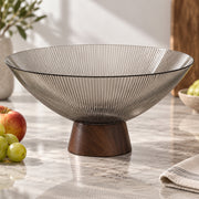 Ribbed Glass Fruit Bowl with Wooden Pedestal - 26cm