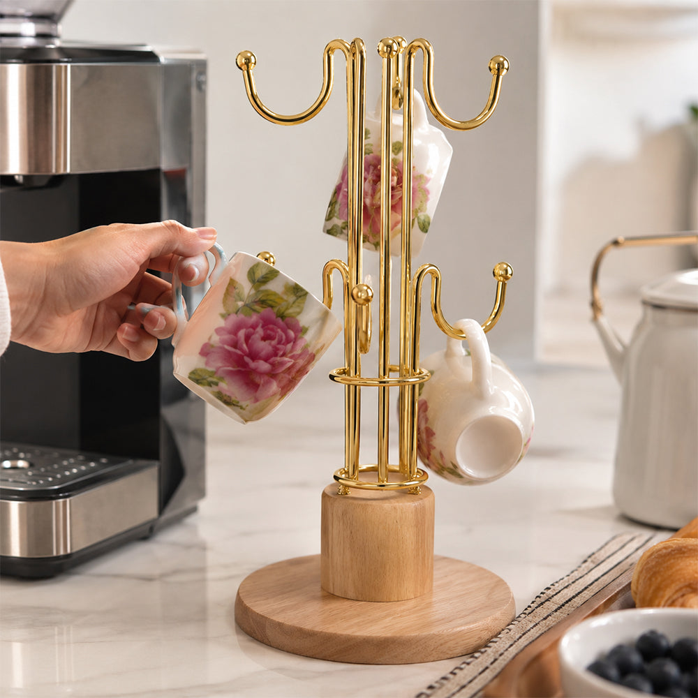 Gold Mug Holder Tree Stand with Wooden Base for Coffee Cups